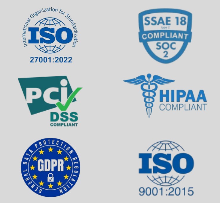 ISO 27001, SOC 2, PCI DSS, HIPAA, GDPR and ISO 9001 certifications